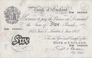 1952 WHITE FIVE POUND NOTE JUNE 5TH LONDON BANK OF ENGLAND BEALE W£5-52 ( VF ) - £5 BANKNOTES WHITE - Cambridgeshire Coins