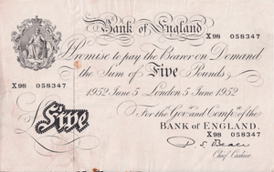 1952 WHITE FIVE POUND NOTE JUNE 5TH LONDON BANK OF ENGLAND BEALE W£5-53 ( VF ) - £5 BANKNOTES WHITE - Cambridgeshire Coins