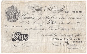1952 WHITE FIVE POUND NOTE MARCH 6TH LONDON BANK OF ENGLAND BEALE W£5 - 42 - £5 BANKNOTES WHITE - Cambridgeshire Coins