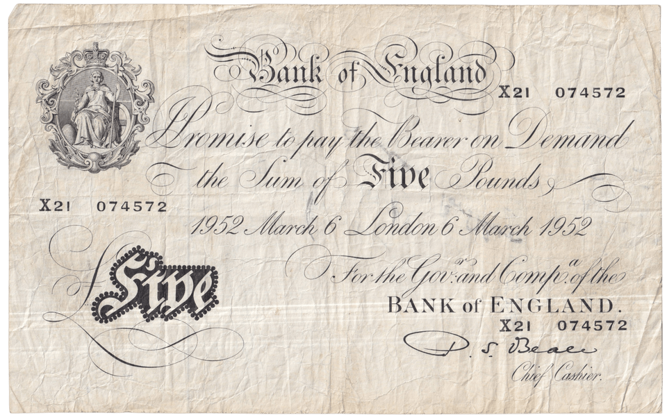 1952 WHITE FIVE POUND NOTE MARCH 6TH LONDON BANK OF ENGLAND BEALE W£5 - 42 - £5 BANKNOTES WHITE - Cambridgeshire Coins