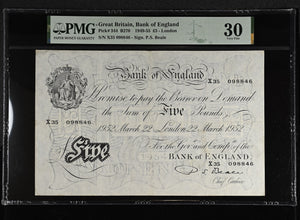 1952 WHITE FIVE POUNDS BANKNOTE BEALE PMG 30 VERY FINE X35098846 - PMG CERTIFIED ENGLISH BANKNOTES - Cambridgeshire Coins