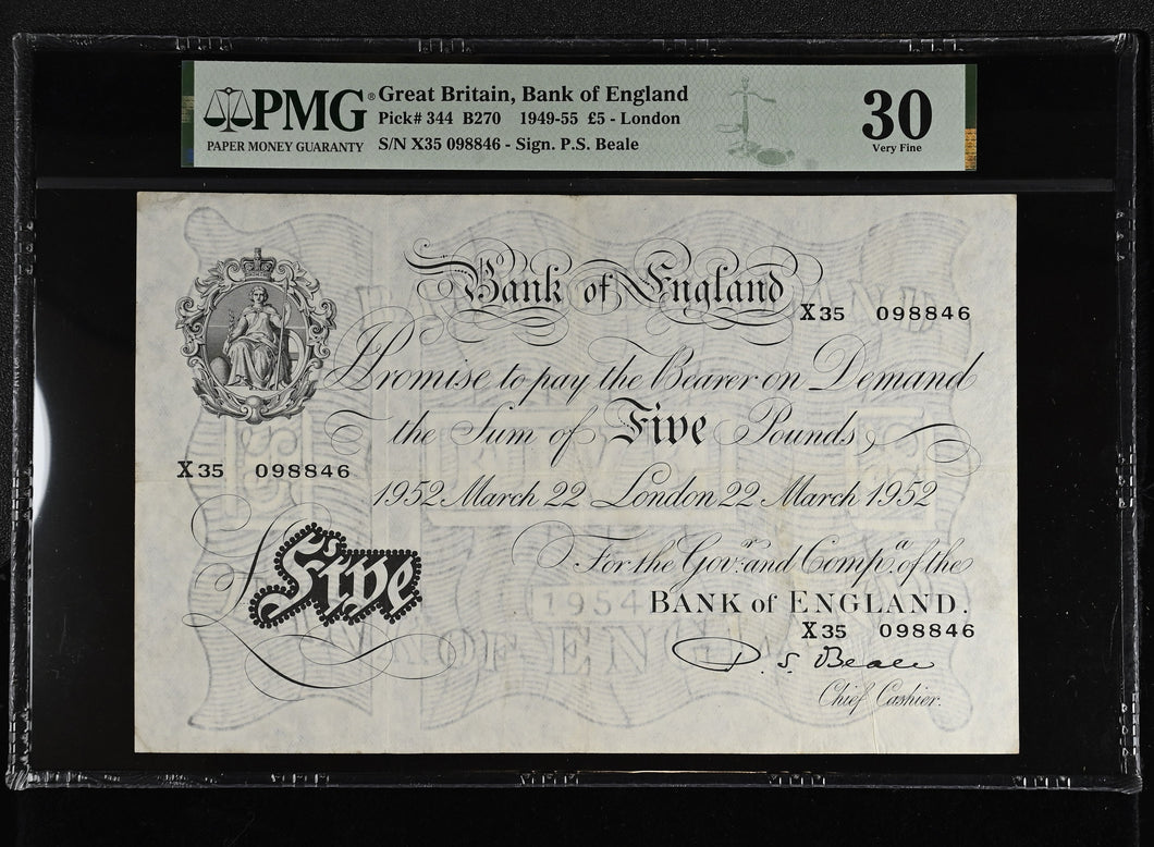 1952 WHITE FIVE POUNDS BANKNOTE BEALE PMG 30 VERY FINE X35098846 - PMG CERTIFIED ENGLISH BANKNOTES - Cambridgeshire Coins