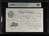 1952 WHITE FIVE POUNDS BANKNOTE BEALE PMG 30 VERY FINE X35098846 - PMG CERTIFIED ENGLISH BANKNOTES - Cambridgeshire Coins
