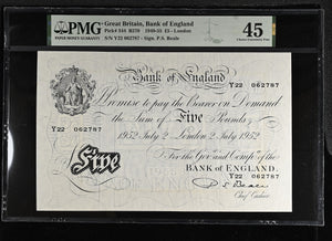 1952 WHITE FIVE POUNDS BANKNOTE BEALE PMG 45 CHOICE VERY FINE Y22062787 - PMG CERTIFIED ENGLISH BANKNOTES - Cambridgeshire Coins