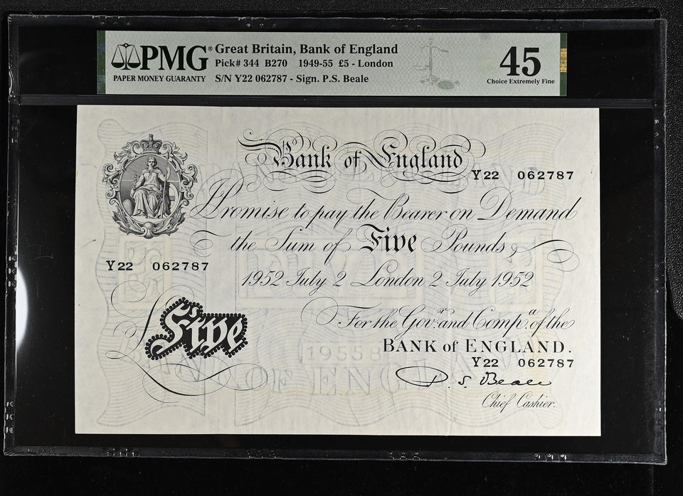 1952 WHITE FIVE POUNDS BANKNOTE BEALE PMG 45 CHOICE VERY FINE Y22062787 - PMG CERTIFIED ENGLISH BANKNOTES - Cambridgeshire Coins
