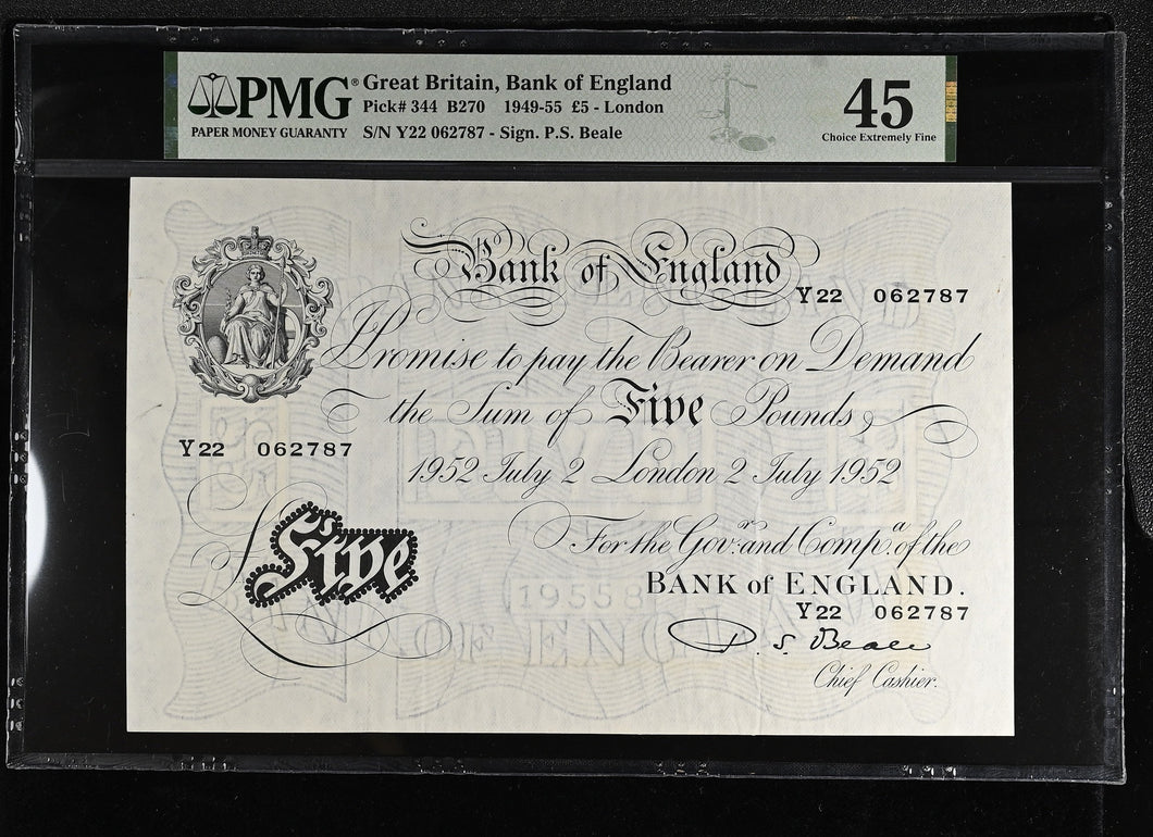1952 WHITE FIVE POUNDS BANKNOTE BEALE PMG 45 CHOICE VERY FINE Y22062787 - PMG CERTIFIED ENGLISH BANKNOTES - Cambridgeshire Coins