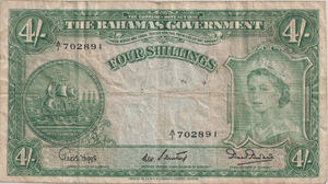 1953 FOUR SHILLINGS BAHAMAS BANKNOTE REF-1820 - WORLD BANKNOTES - Cambridgeshire Coins