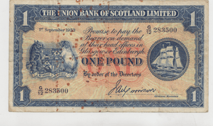 1953 £1 THE UNION BANK OF SCOTLAND LIMITED SCOT REF 84 - £1 BANKNOTE - Cambridgeshire Coins