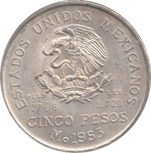 1953 SILVER FIVE PESO MEXICO - WORLD COINS - Cambridgeshire Coins