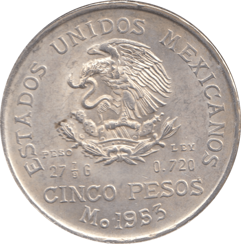 1953 SILVER FIVE PESO MEXICO - WORLD COINS - Cambridgeshire Coins