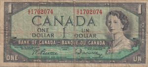 1954 ONE DOLLAR CANADA BANKNOTE REF-1775 - WORLD BANKNOTES - Cambridgeshire Coins