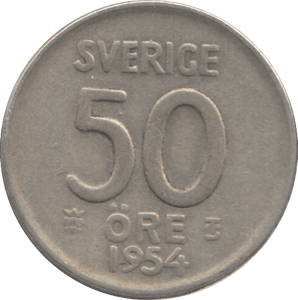 1954 SILVER SWEDEN 50 ORE - SILVER WORLD COINS - Cambridgeshire Coins