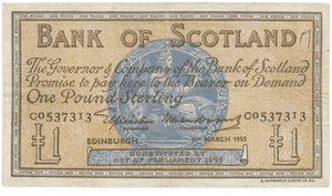 1955 £1 BANK OF SCOTLAND REF SCOT 81 - £1 BANKNOTE - Cambridgeshire Coins