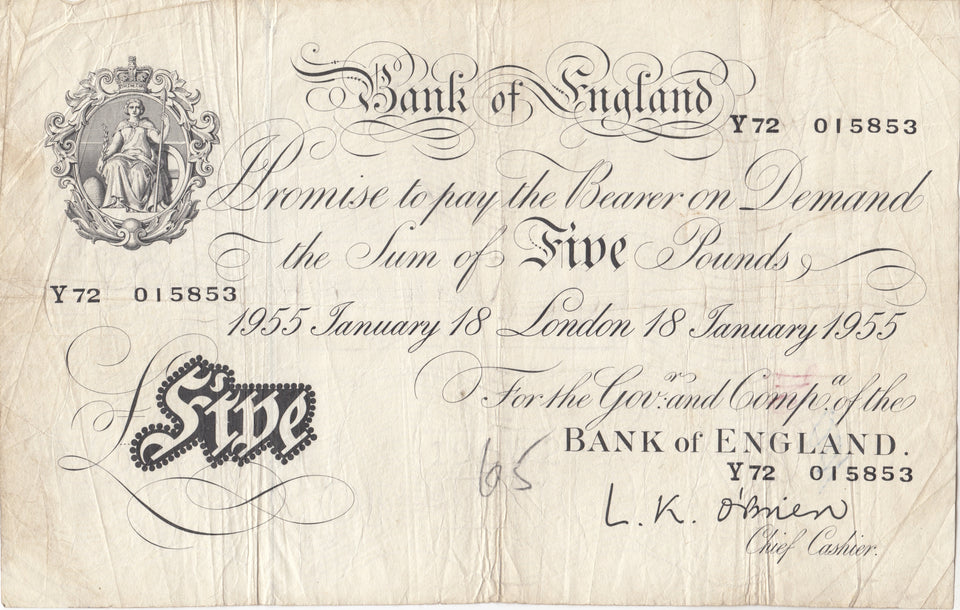 1955 WHITE FIVE POUND NOTE 18TH JANUARY LONDON BANK OF ENGLAND O'BRIEN W£5 - 4 - £5 BANKNOTES WHITE - Cambridgeshire Coins