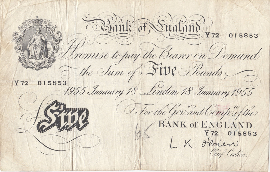 1955 WHITE FIVE POUND NOTE 18TH JANUARY LONDON BANK OF ENGLAND O'BRIEN W£5 - 4 - £5 BANKNOTES WHITE - Cambridgeshire Coins