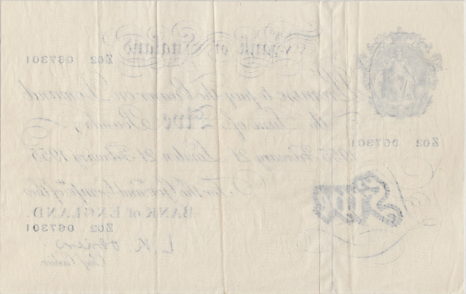 1955 WHITE FIVE POUND NOTE 21ST FEBRUARY LONDON BANK OF ENGLAND O'BRIEN W£5 - 3 - £5 BANKNOTES WHITE - Cambridgeshire Coins