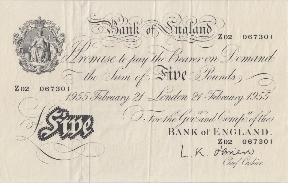 1955 WHITE FIVE POUND NOTE 21ST FEBRUARY LONDON BANK OF ENGLAND O'BRIEN W£5 - 3 - £5 BANKNOTES WHITE - Cambridgeshire Coins