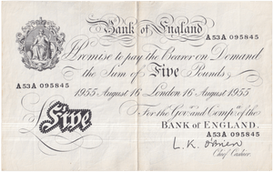 1955 WHITE FIVE POUND NOTE AUGUST 16TH LONDON BANK OF ENGLAND O'BRIEN W£5-44 - £5 BANKNOTES WHITE - Cambridgeshire Coins