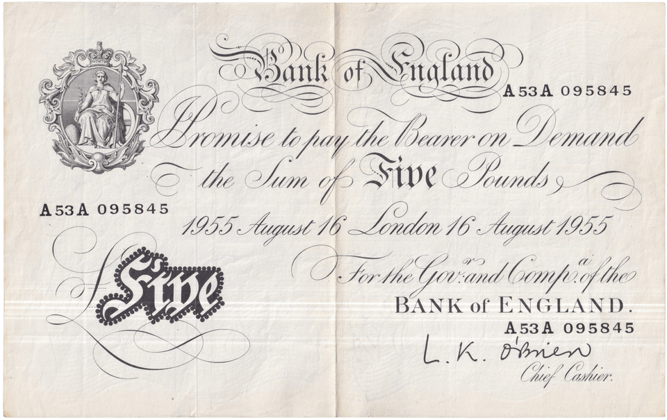 1955 WHITE FIVE POUND NOTE AUGUST 16TH LONDON BANK OF ENGLAND O'BRIEN W£5-44 - £5 BANKNOTES WHITE - Cambridgeshire Coins