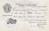 1955 WHITE FIVE POUND NOTE AUGUST 16TH LONDON BANK OF ENGLAND O'BRIEN W£5-44 - £5 BANKNOTES WHITE - Cambridgeshire Coins