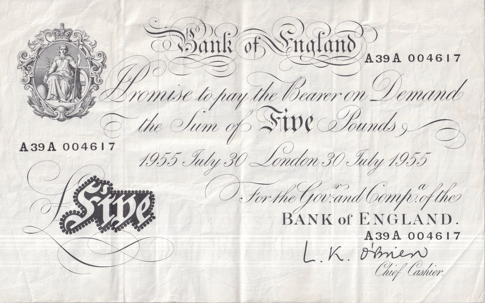 1955 WHITE FIVE POUND NOTE JULY 30TH LONDON BANK OF ENGLAND O'BRIEN REF W£5 - 32 - £5 BANKNOTES WHITE - Cambridgeshire Coins