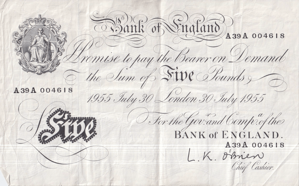 1955 WHITE FIVE POUND NOTE JULY 30TH LONDON BANK OF ENGLAND O'BRIEN REF W£5 - 33 - £5 BANKNOTES WHITE - Cambridgeshire Coins