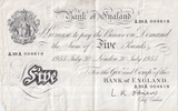 1955 WHITE FIVE POUND NOTE JULY 30TH LONDON BANK OF ENGLAND O'BRIEN REF W£5 - 33 - £5 BANKNOTES WHITE - Cambridgeshire Coins