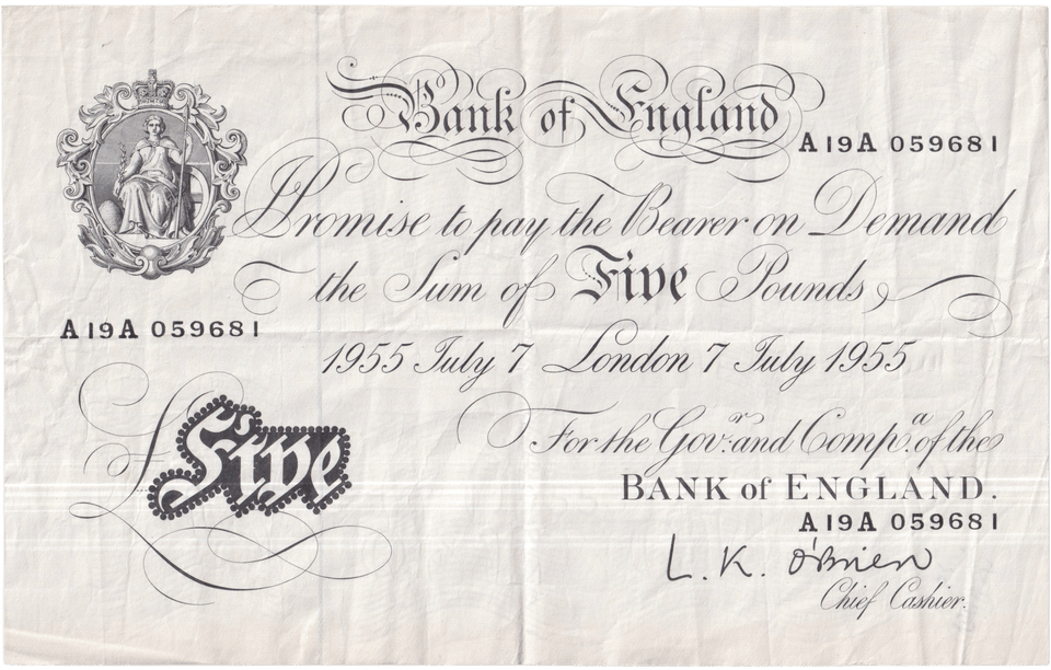 1955 WHITE FIVE POUND NOTE JULY 7TH LONDON BANK OF ENGLAND O'BRIEN W£5-49 - £5 BANKNOTES WHITE - Cambridgeshire Coins