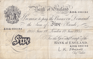 1955 WHITE FIVE POUND NOTE JUNE 18TH LONDON BANK OF ENGLAND O'BRIEN W£5 - 39 - £5 BANKNOTES WHITE - Cambridgeshire Coins