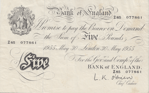 1955 WHITE FIVE POUND NOTE MAY 30TH LONDON BANK OF ENGLAND O'BRIEN REF W£5 - 25 - £5 BANKNOTES WHITE - Cambridgeshire Coins