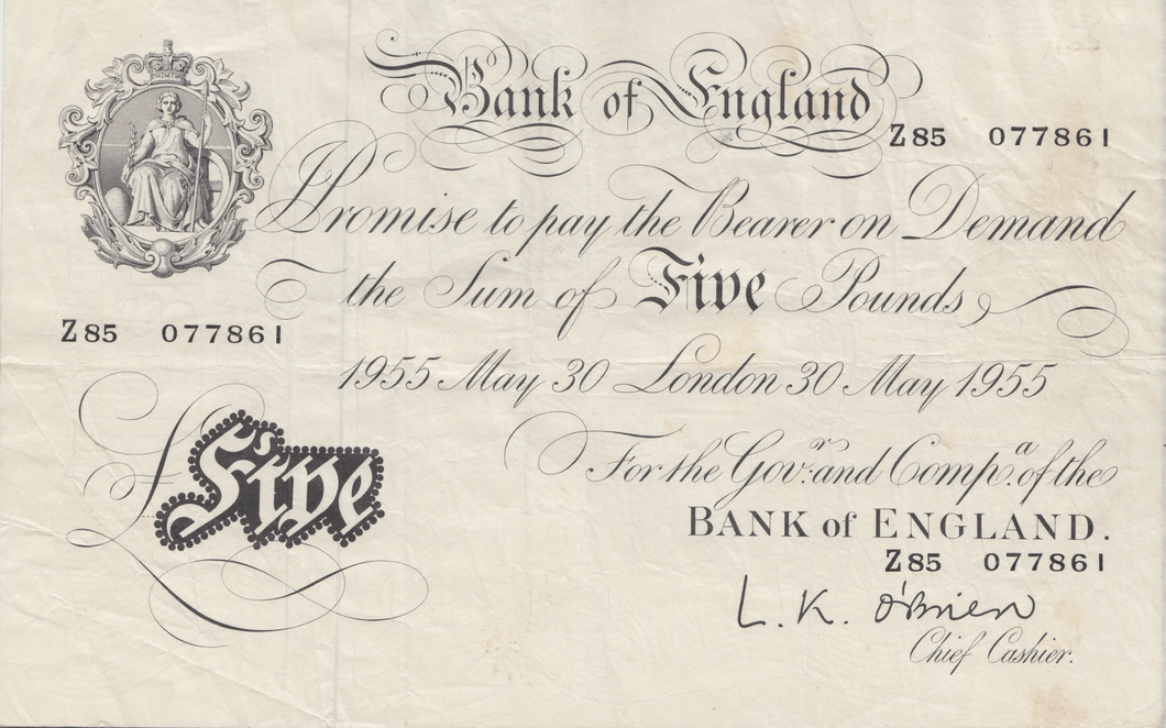 1955 WHITE FIVE POUND NOTE MAY 30TH LONDON BANK OF ENGLAND O'BRIEN REF W£5 - 25 - £5 BANKNOTES WHITE - Cambridgeshire Coins