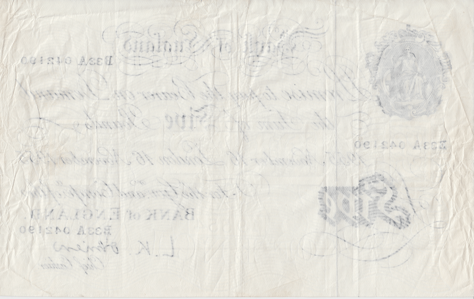 1955 WHITE FIVE POUND NOTE NOVEMBER 16TH LONDON BANK OF ENGLAND O'BRIEN REF W£5 - 29 - £5 BANKNOTES WHITE - Cambridgeshire Coins