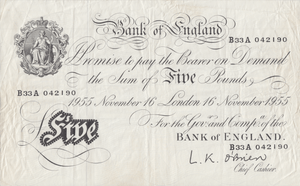 1955 WHITE FIVE POUND NOTE NOVEMBER 16TH LONDON BANK OF ENGLAND O'BRIEN REF W£5 - 29 - £5 BANKNOTES WHITE - Cambridgeshire Coins