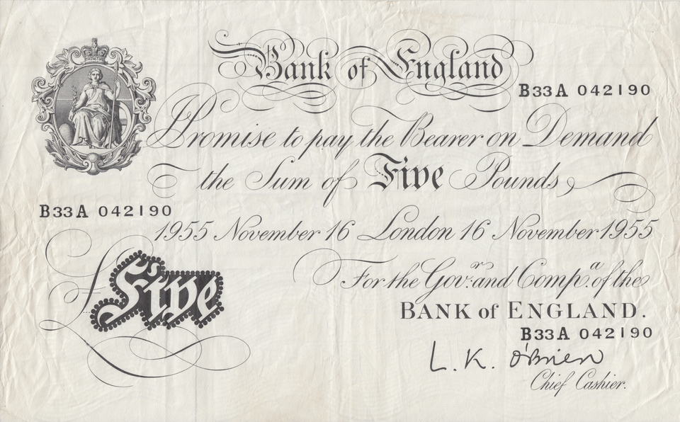 1955 WHITE FIVE POUND NOTE NOVEMBER 16TH LONDON BANK OF ENGLAND O'BRIEN REF W£5 - 29 - £5 BANKNOTES WHITE - Cambridgeshire Coins
