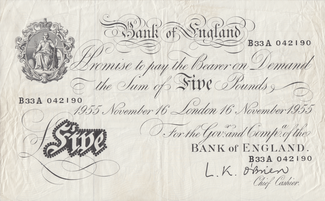 1955 WHITE FIVE POUND NOTE NOVEMBER 16TH LONDON BANK OF ENGLAND O'BRIEN REF W£5 - 29 - £5 BANKNOTES WHITE - Cambridgeshire Coins