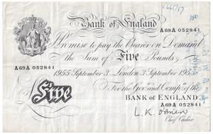 1955 WHITE FIVE POUND NOTE SEPTEMBER 3RD LONDON BANK OF ENGLAND O'BRIEN W£5 - 43 - £5 BANKNOTES WHITE - Cambridgeshire Coins