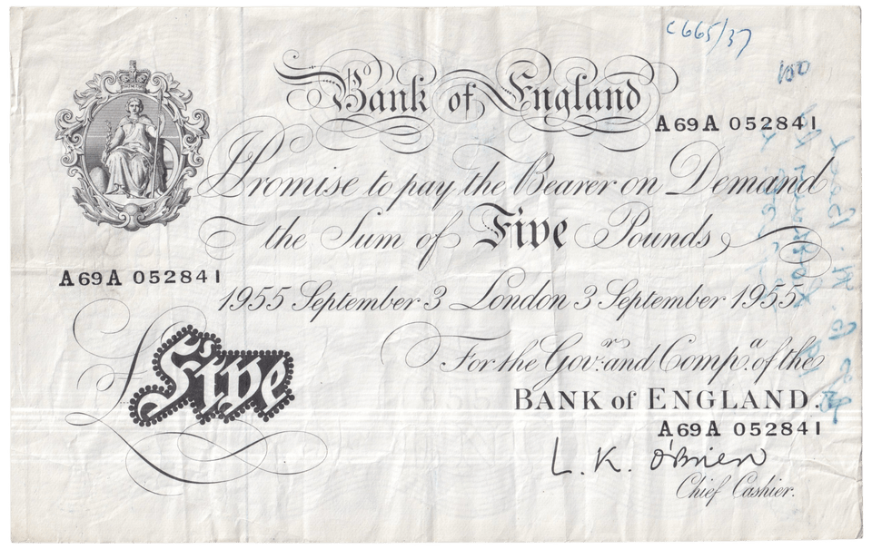 1955 WHITE FIVE POUND NOTE SEPTEMBER 3RD LONDON BANK OF ENGLAND O'BRIEN W£5 - 43 - £5 BANKNOTES WHITE - Cambridgeshire Coins