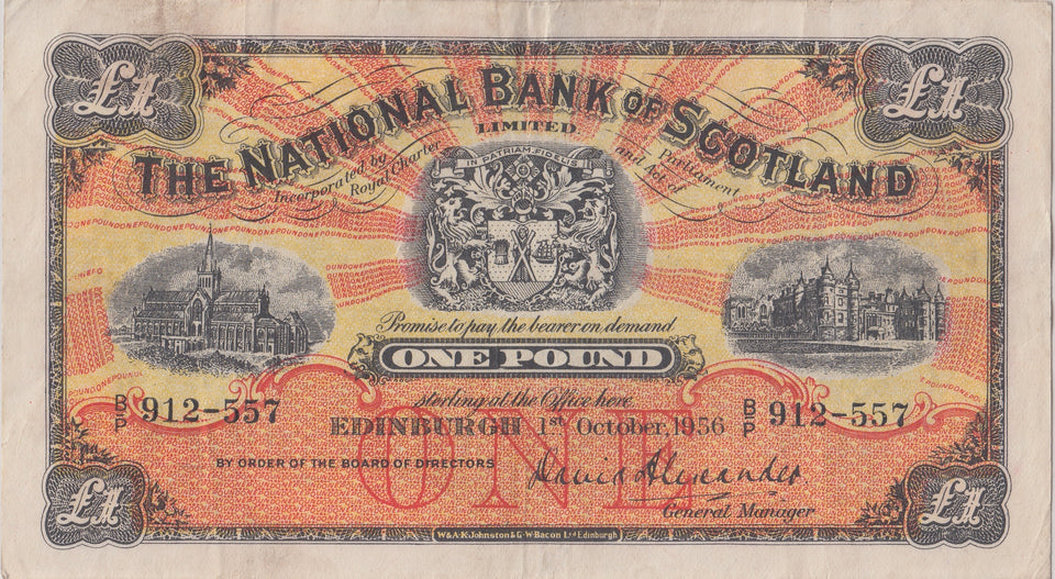 1956 ONE POUND NATIONAL BANK SCOTLAND BANKNOTE REF SCOT - 4 - WORLD BANKNOTES - Cambridgeshire Coins