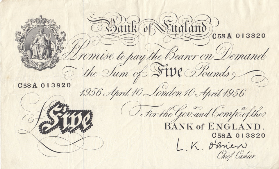 1956 WHITE FIVE POUND NOTE APRIL 10TH BANK OF ENGLAND O'BRIEN REF W£5 - 10 - £5 BANKNOTES WHITE - Cambridgeshire Coins