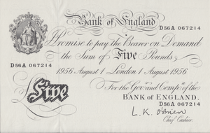 1956 WHITE FIVE POUND NOTE AUGUST 1ST LONDON BANK OF ENGLAND O'BRIAN W£5 - 35 - £5 BANKNOTES WHITE - Cambridgeshire Coins