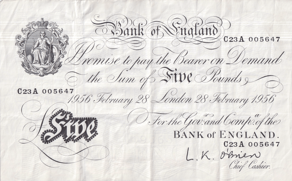 1956 WHITE FIVE POUND NOTE FEBRUARY 28TH LONDON BANK OF ENGLAND O'BRIEN REF W£5 - 30 - £5 BANKNOTES WHITE - Cambridgeshire Coins
