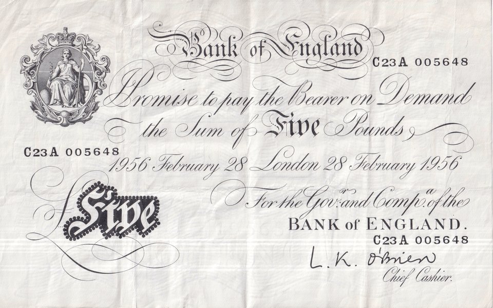 1956 WHITE FIVE POUND NOTE FEBRUARY 28TH LONDON BANK OF ENGLAND O'BRIEN REF W£5 - 31 - £5 BANKNOTES WHITE - Cambridgeshire Coins