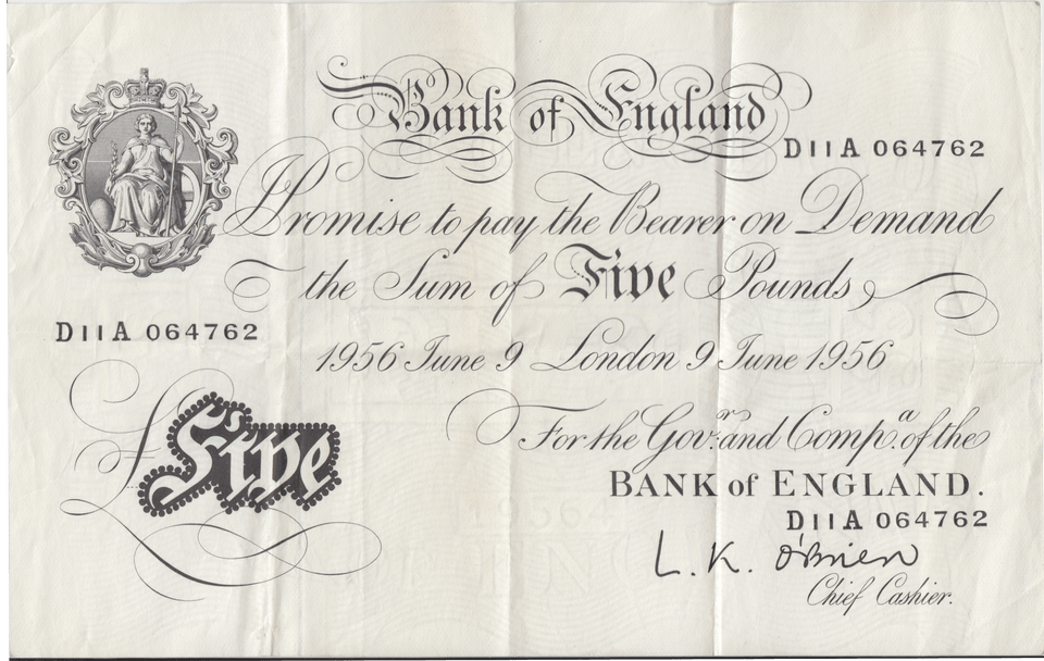 1956 WHITE FIVE POUND NOTE JUNE 9TH LONDON BANK OF ENGLAND O'BRIEN REF W£5 - 24 - £5 BANKNOTES WHITE - Cambridgeshire Coins