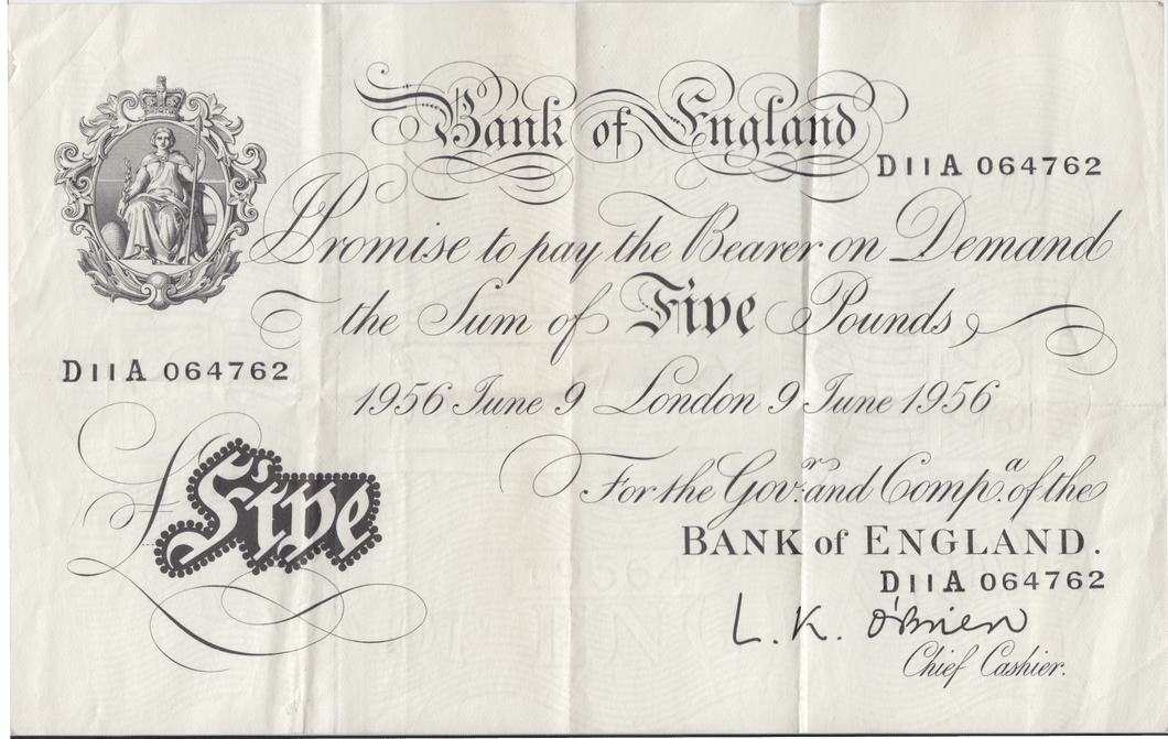 1956 WHITE FIVE POUND NOTE JUNE 9TH LONDON BANK OF ENGLAND O'BRIEN REF W£5 - 24 - £5 BANKNOTES WHITE - Cambridgeshire Coins