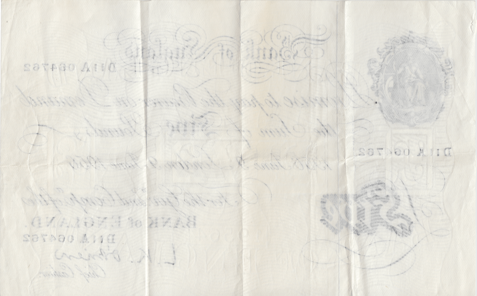 1956 WHITE FIVE POUND NOTE JUNE 9TH LONDON BANK OF ENGLAND O'BRIEN REF W£5 - 24 - £5 BANKNOTES WHITE - Cambridgeshire Coins