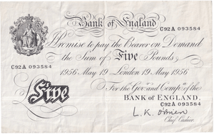 1956 WHITE FIVE POUND NOTE MAY 19TH LONDON BANK OF ENGLAND O'BRIEN W£5-45 - £5 BANKNOTES WHITE - Cambridgeshire Coins