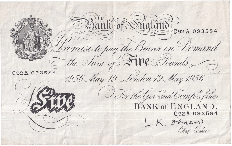 1956 WHITE FIVE POUND NOTE MAY 19TH LONDON BANK OF ENGLAND O'BRIEN W£5-45 - £5 BANKNOTES WHITE - Cambridgeshire Coins