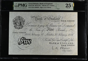 1956 WHITE FIVE POUNDS BANKNOTE O'BRIEN PMG 25 VERY FINE C22A036839 - PMG CERTIFIED ENGLISH BANKNOTES - Cambridgeshire Coins