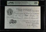 1956 WHITE FIVE POUNDS BANKNOTE O'BRIEN PMG 25 VERY FINE C22A036839 - PMG CERTIFIED ENGLISH BANKNOTES - Cambridgeshire Coins