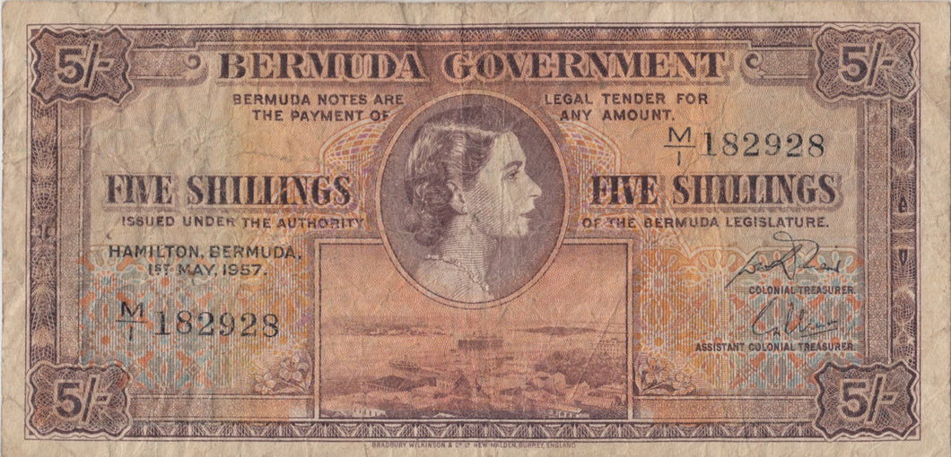 1957 BERMUDA MONETARY AUTHORITY FIVE SHILLINGS BANKNOTE REF 727 - World Banknotes - Cambridgeshire Coins